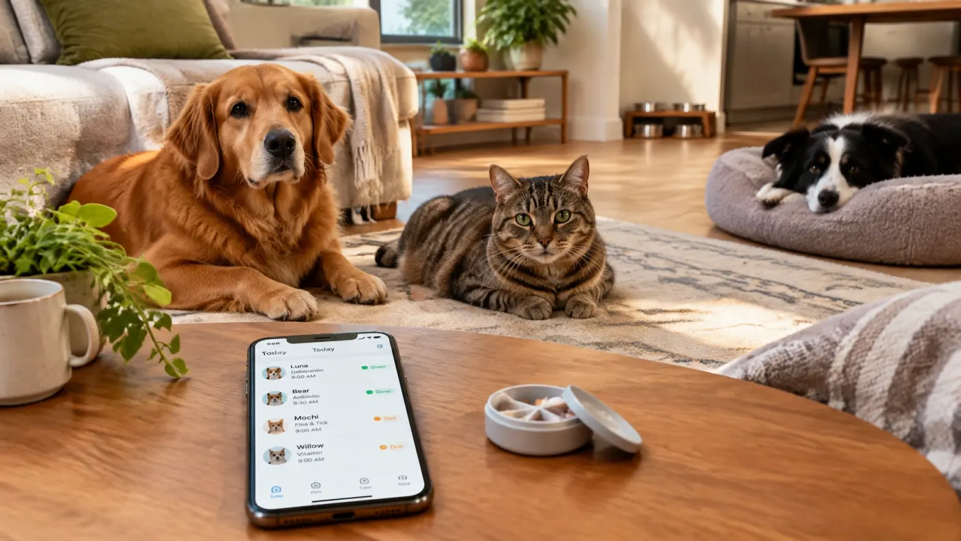Two dogs and a cat relaxing near a phone showing a shared pet care list